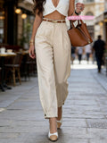 [YYTT] [ Not Included] Elegant Textured Fabric Pleated Cropped Trousers, Women'S Solid Color Beige Straight Leg Pants, Suitable for Spring/Summer Office And Casual Wear - Apricot