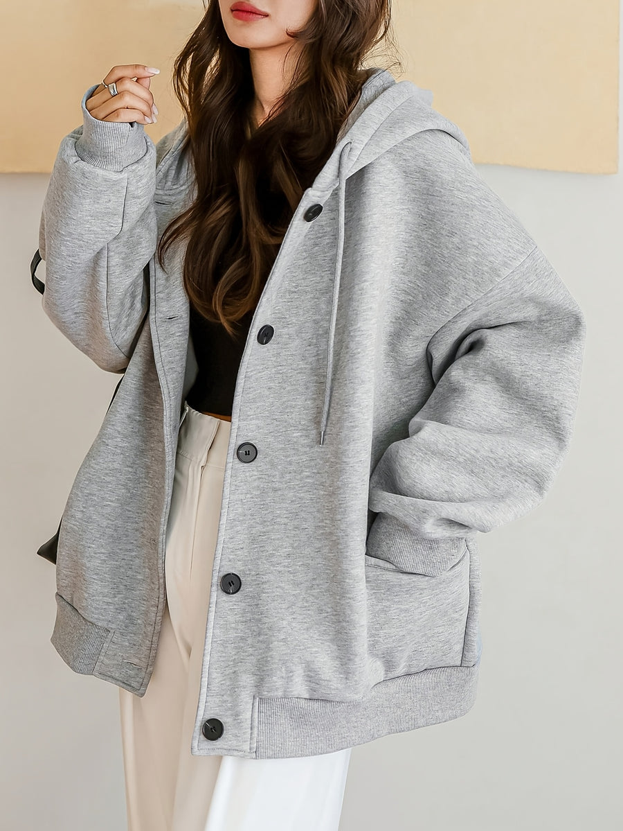 Plus Size, Plus-size Women's Thick Plush Hooded Loose Solid Color Sweatshirt, Suitable for Women, Autumn Apparel Jacket, Winter Warm Hoodie - Granny Gray