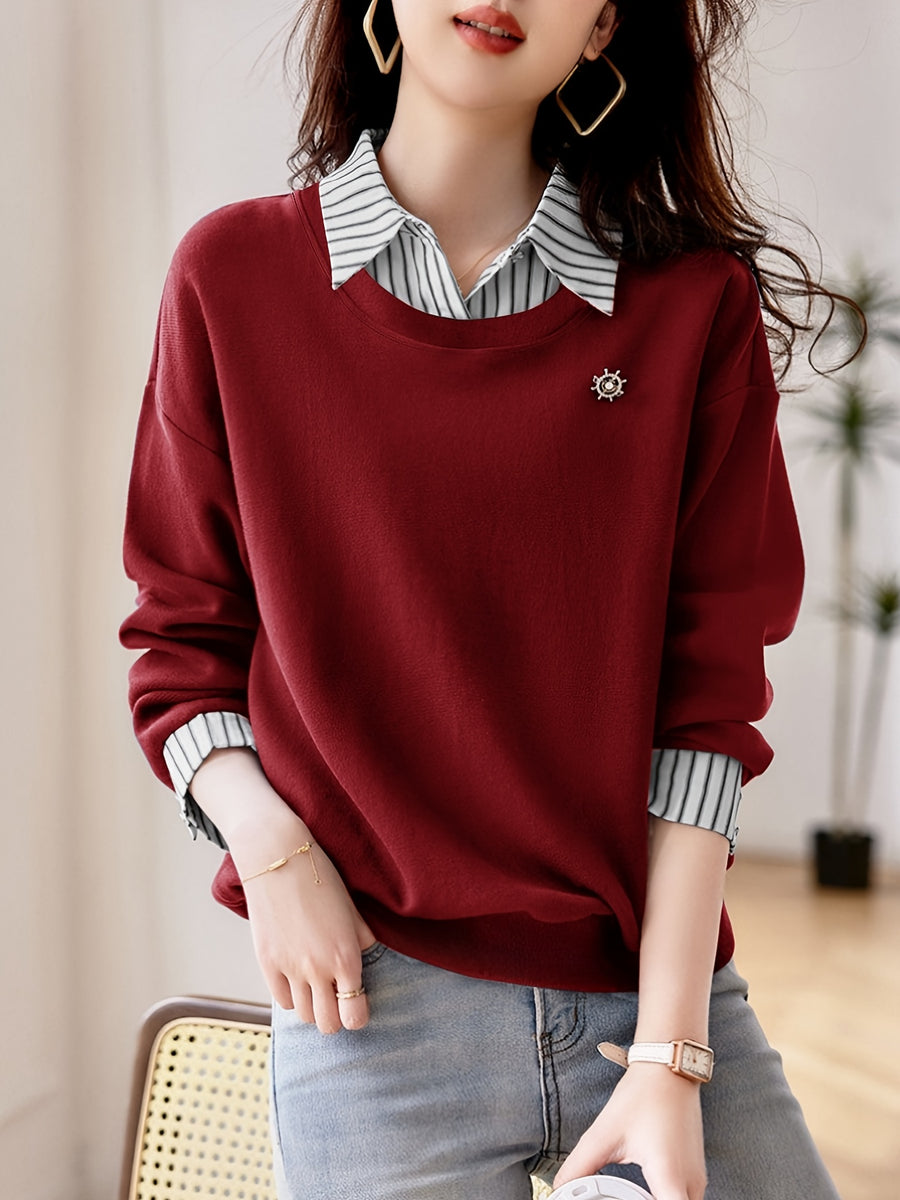 Women'S Fall Winter Casual Comfortable Fashion Long Sleeve Collared Striped Collar Polo Shirt - Burgundy