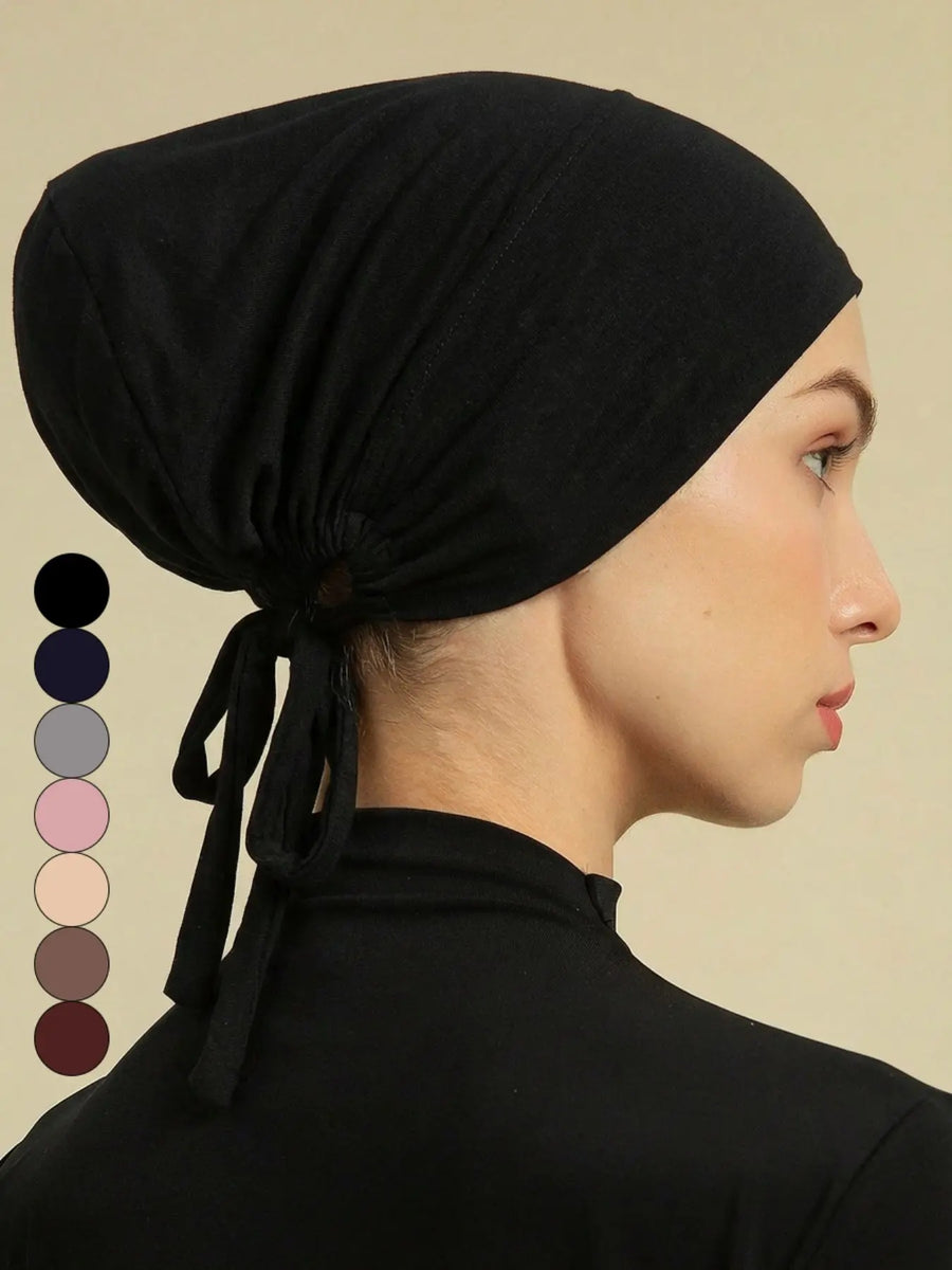 1pc Women Abaya Accessories Fashion Solid Color Elastic Band Headscarf, Suitable for Daily Wear Headband Soft Under Cap Women Veil - Black