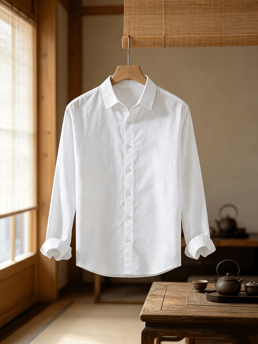 Men'S Autumn Classic Solid Color Long Sleeve Button-Up Shirt, Lapel Collar Casual Blouse, Loose Soft Breathable Daily Top - White