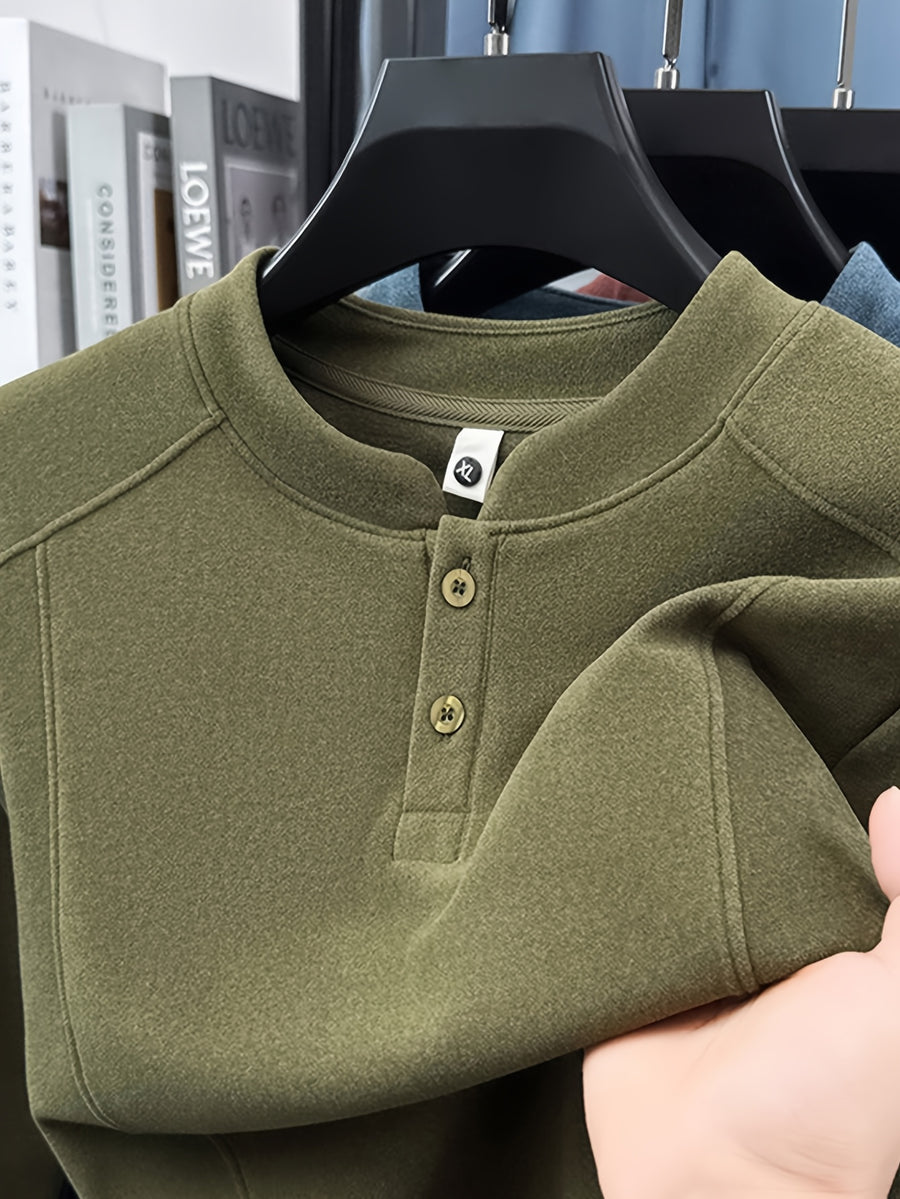 Men's Henley Neck Long Sleeve Base Layer Shirt, Slim Fit but Not Tight, Suitable for Middle-Aged Men, with a Light Business-Casual Vibe. -SINBOS - Green