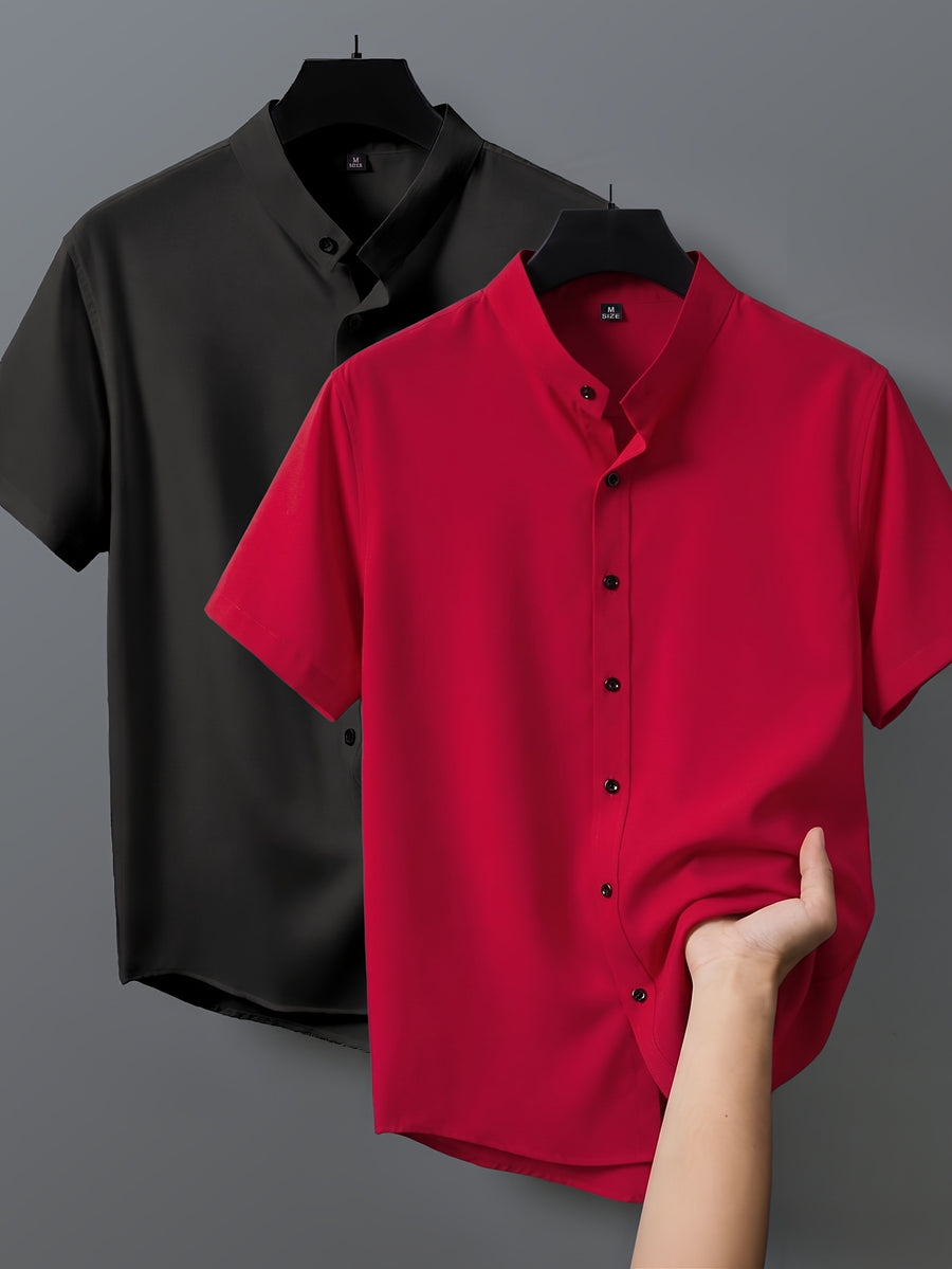 2pcs Men's Short-Sleeve Shirts, Henley/Stand-Up Collar Design, Summer Casual Outerwear - Style5