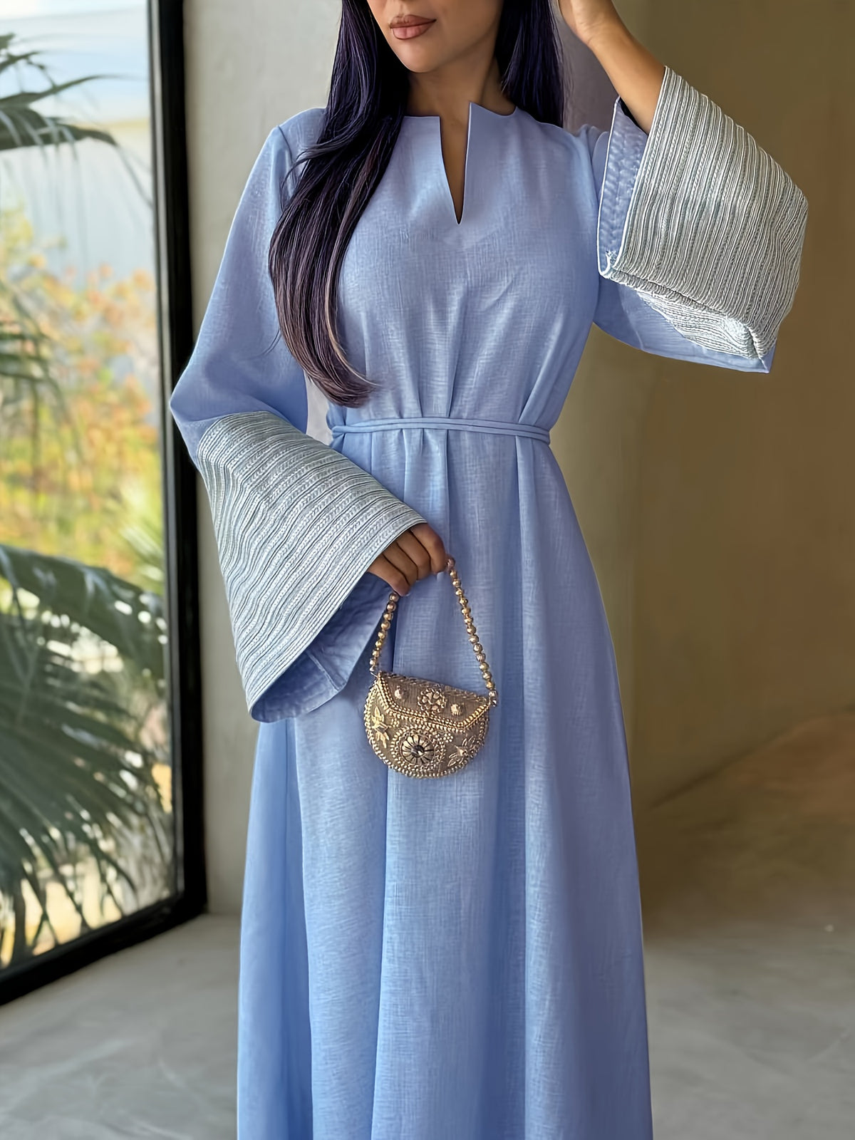 1pc Intricate Embroidery Arabian Ramadan Dubai Maxi Dress Casual Loose Abaya Muslim Women'S Ball Gown Dress Jalabaya - Royal Blue