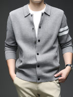 Star Dense Autumn-Winter Men's Striped Buttoned Open Front Long Sleeve Casual Turn Collar Knitted Cardigan, Mens Sleeveless Cardigans, Open Front Cardigan for Men, Cardigan, Men Plus Size Cardigan, Plus Size Mens Cardigan, Winter Wardrobe - Grey