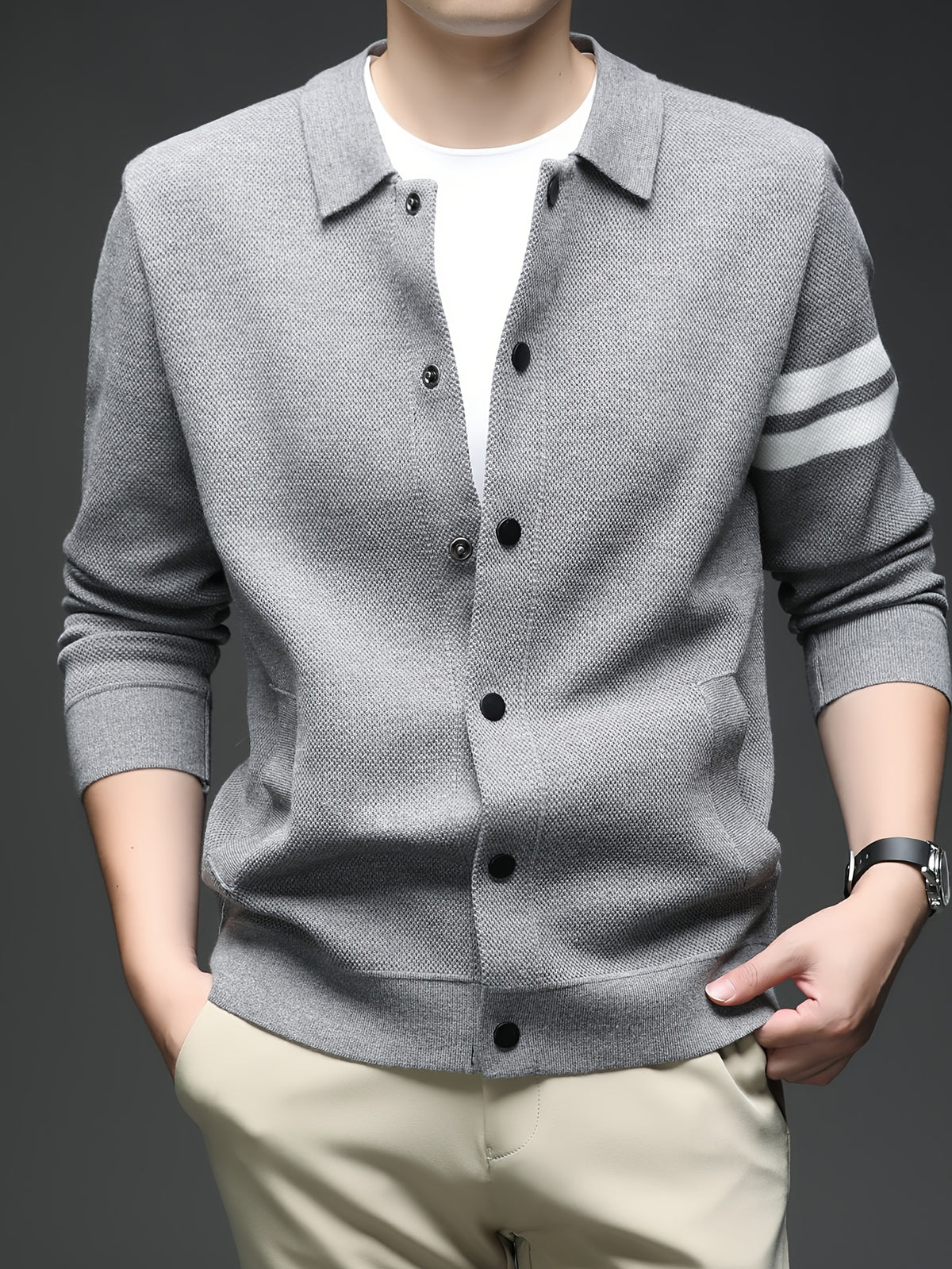 Star Dense Autumn-Winter Men's Striped Buttoned Open Front Long Sleeve Casual Turn Collar Knitted Cardigan, Mens Sleeveless Cardigans, Open Front Cardigan for Men, Cardigan, Men Plus Size Cardigan, Plus Size Mens Cardigan, Winter Wardrobe - Grey