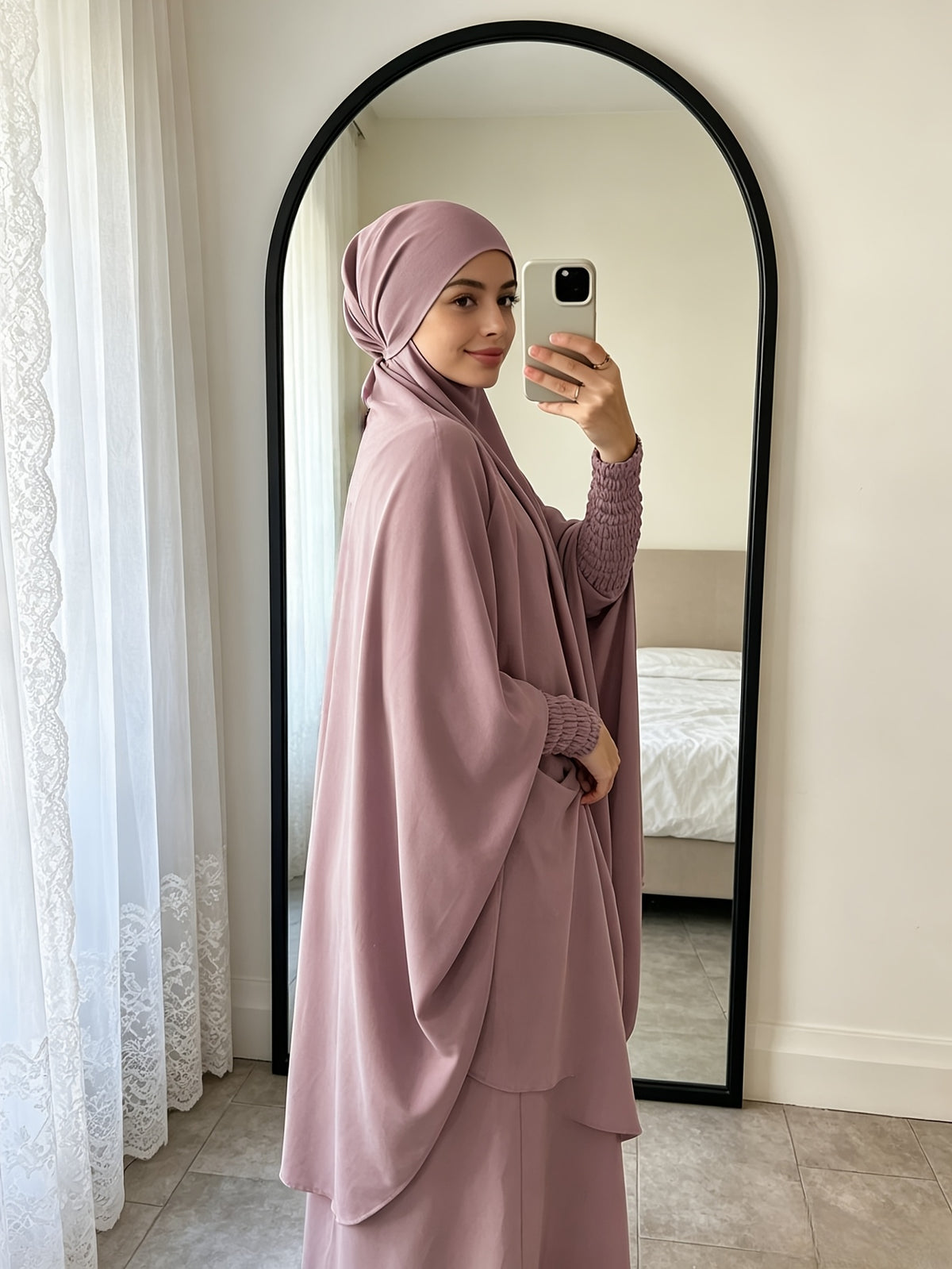 Casual Modest Outfit Set with Matching Head Wrap, Lightweight Breathable Loose Fit Puff Sleeve Top and Maxi Skirt for Everyday Use - Pale Pinkish Gray