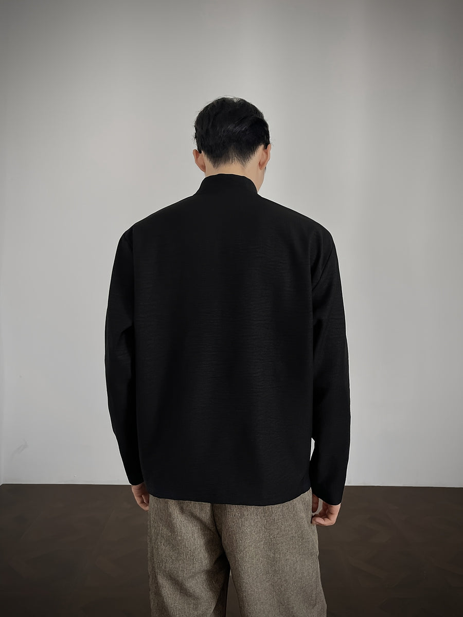 Men's V-neck Henley Shirt, Half-opening Placket, Suitable for Casual Outings in Spring and Autumn - Black