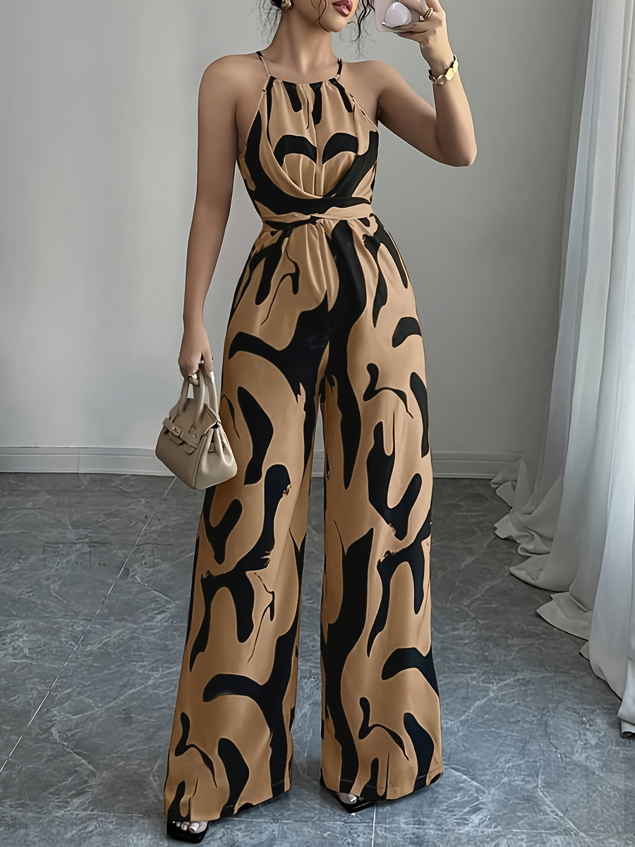 Women'S Printed Fabric Ruched Jumpsuit with Halter Neck, Elegant for Holiday And Everyday Wear - Dark Brown