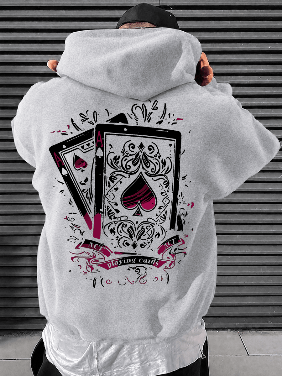 Men's Hooded Sweatshirt with Playing Card Print, Street Style Loose Fit Long Sleeve Pullover, Casual Sportswear Top - 【Light Grey】