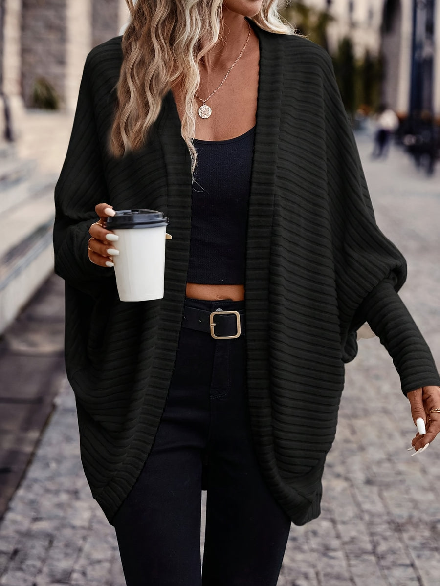 Elegant And Solid Color Batwing Sleeve Open Front Casual Jacket, Autumn - Black