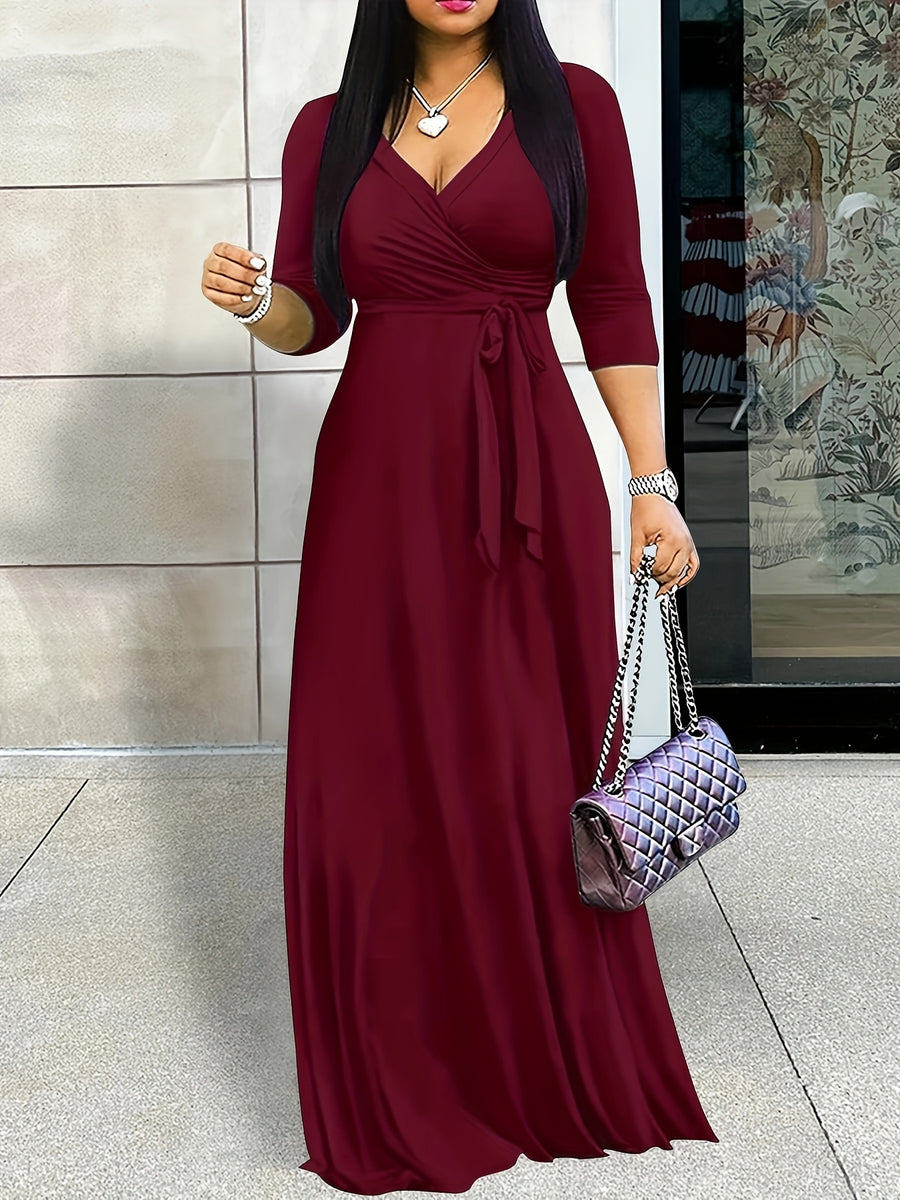 Western Fashion Solid Color V-Neck Women'S Dress Elegant Long Dress with Belt - Burgundy