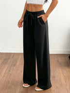 Spring/Autumn Women's Flowy Casual Straight-Leg Pants, Loose-Fit Breathable Wide-Leg Trousers with Faux Drawstring and Pockets, Comfortable and Versatile Summer Outdoor Pants - Black