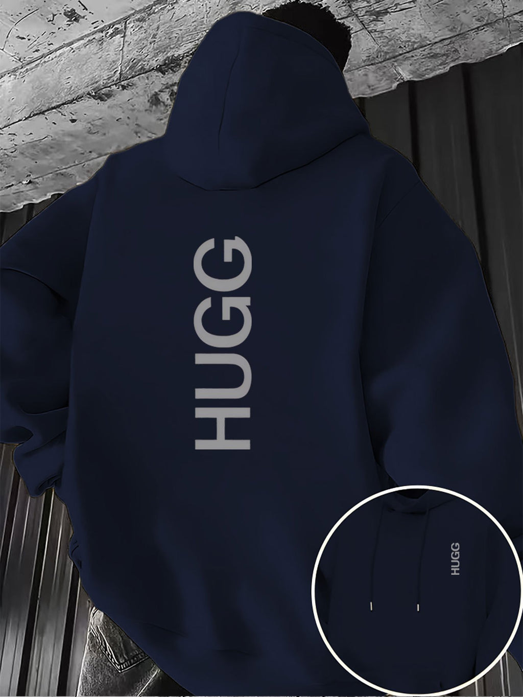 HUGG Embrace Minimalist Vertical Letter Artsy Men'S Hooded Sweatshirt Front And Back Double-Sided Print Pattern Casual Hoodie Daily Wear Comfortable Versatile Suitable for Outdoor Sports Fitness Casual Wear - Navy Color