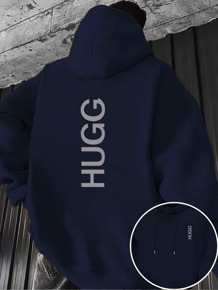 HUGG Embrace Minimalist Vertical Letter Artsy Men'S Hooded Sweatshirt Front And Back Double-Sided Print Pattern Casual Hoodie Daily Wear Comfortable Versatile Suitable for Outdoor Sports Fitness Casual Wear - Navy Color