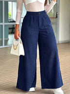 Women's Corduroy Fashion Casual Wide-Leg Pants with Multi Patch Pockets Design, Elegant Loose Straight-Leg Trousers with Nice Drape, High-Waisted Draping Wide-Leg Casual Pants - Navy Color