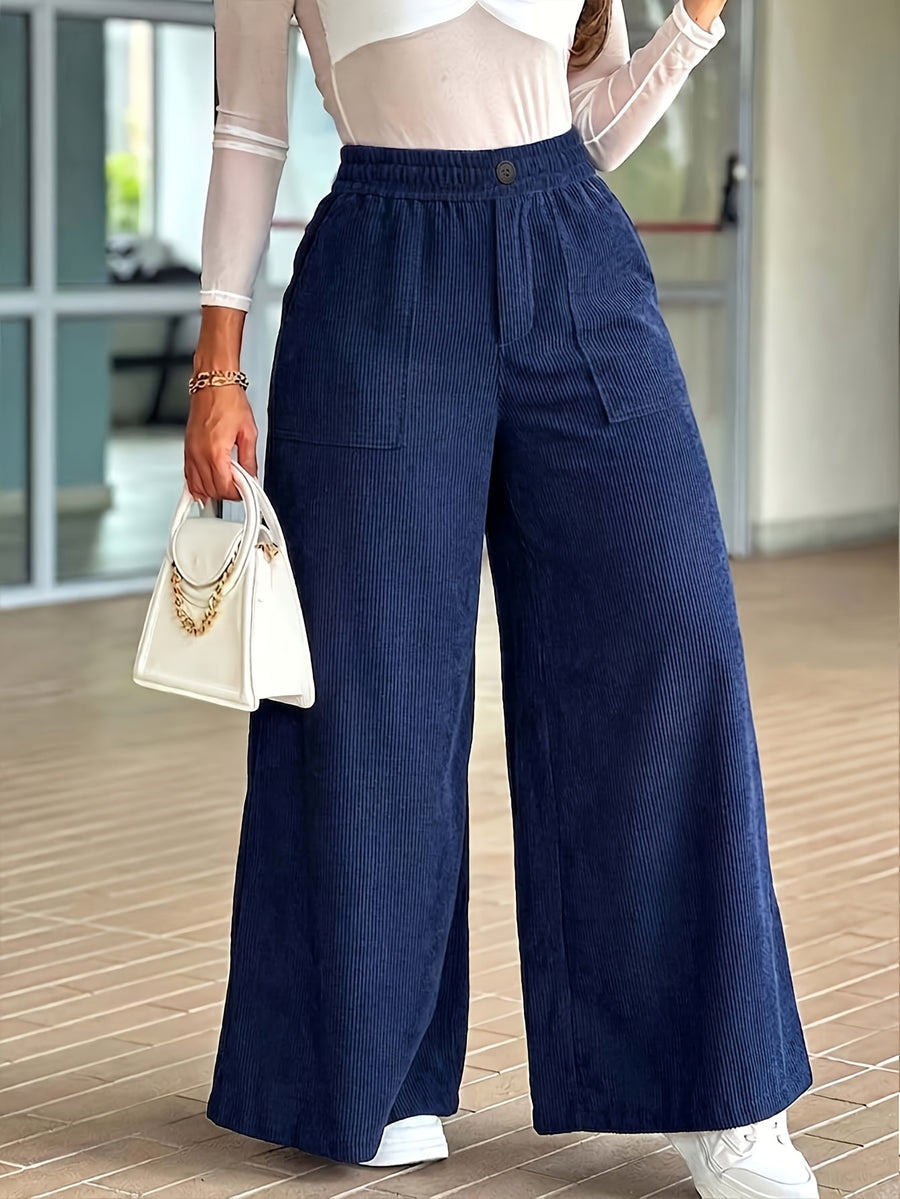 Women's Corduroy Fashion Casual Wide-Leg Pants with Multi Patch Pockets Design, Elegant Loose Straight-Leg Trousers with Nice Drape, High-Waisted Draping Wide-Leg Casual Pants - Navy Color