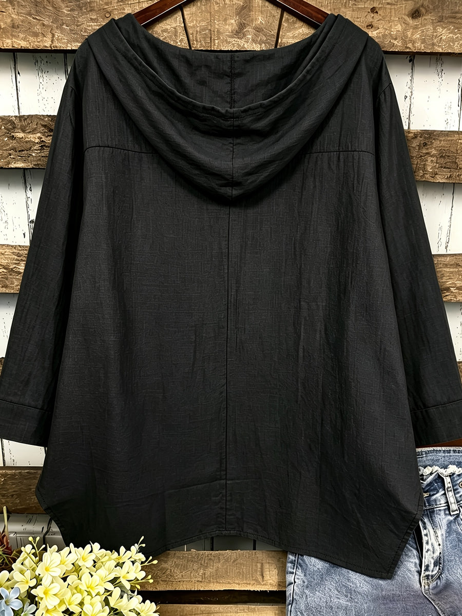Plus Size, Plus Size Women's Hooded Shirt, Solid Color Irregular Hem Loose Fit Casual Shirt Top - Black