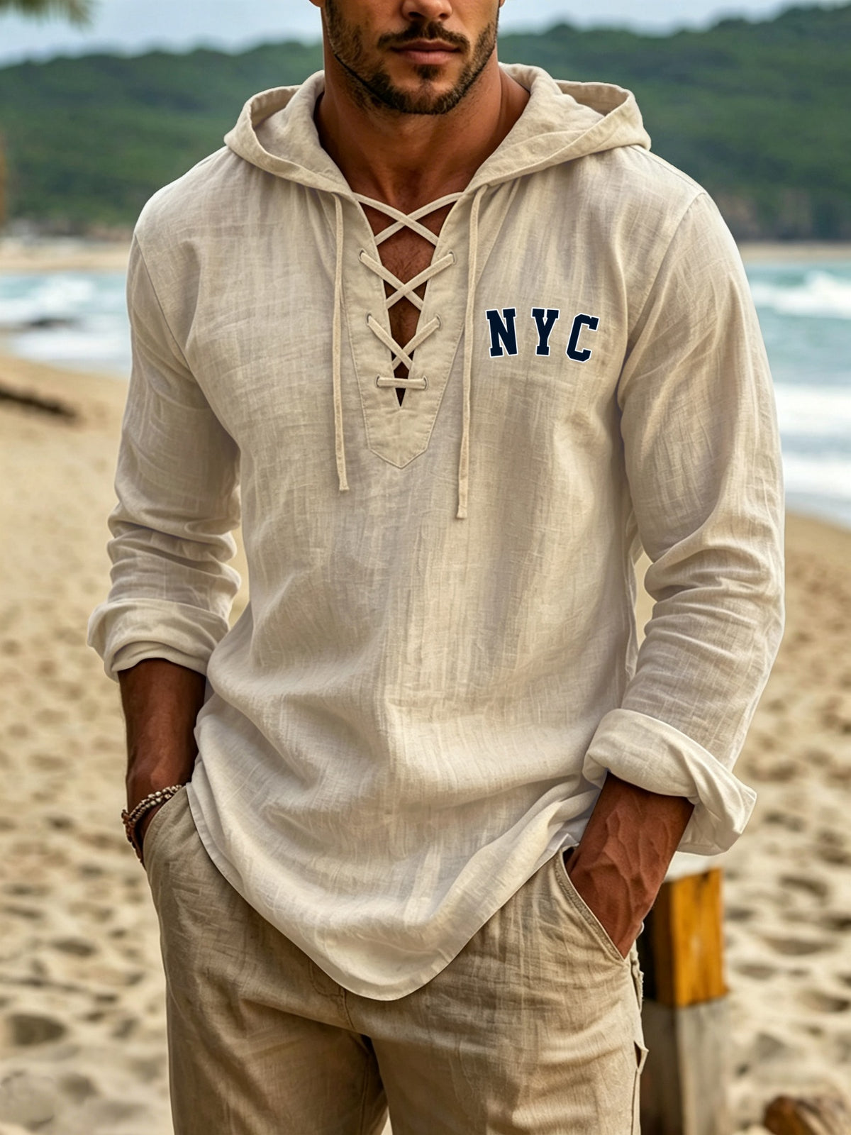 Urban Style Men'S Linen Long Sleeve Hooded Sweatshirt, NYC Chest Letter Print, Easy And Versatile, Individual Cross-Tie Neckline for Detail Expression, Classic Hooded Design, Suitable for All Outings - Apricot