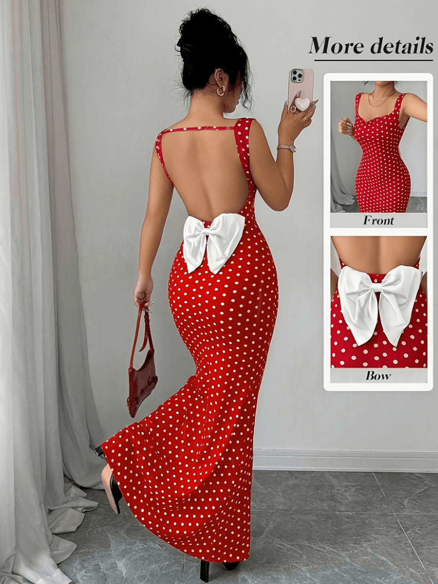 Elegant Vintage Polka Dot Mermaid Dress with Square Neck & Backless Bow Spliced Hem - -Line Wedding Guest Dress Suitable for Parties, Prom, Special Occasions - Red