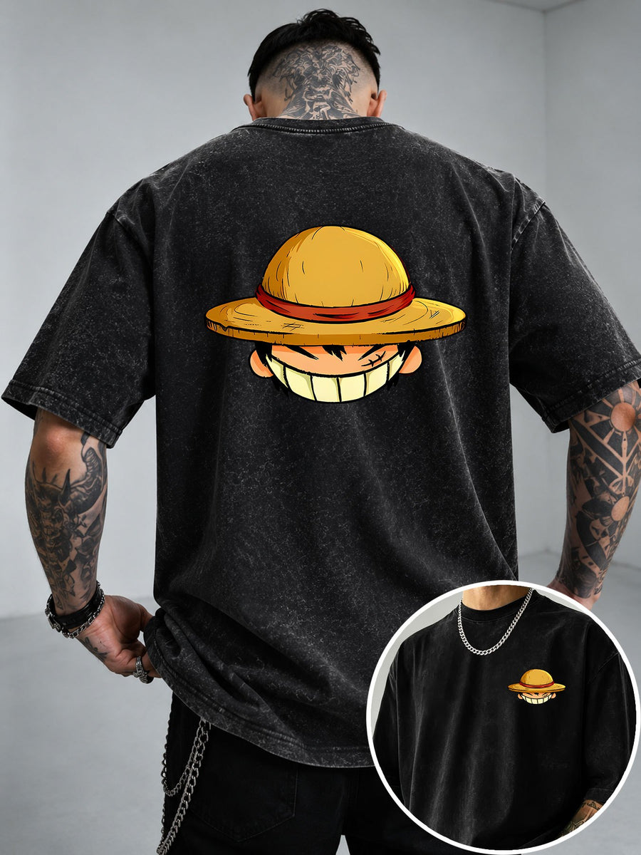 Straw Hat Cartoon Boy Portrait Print Men's Vintage Washed Loose Fit Pure Cotton Short Sleeve T-Shirt - Black