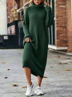 YYTT Autumn/Winter Vintage High Neck Dress for Women, Slouchy Rolled Neck Long Sleeve Loose Fit Long Sweater Dress, Lazy Layering Base Long Dress, Outerwear and Inner Layer Top, Casual for Home, Commuting, Comfortable and Stylish - Dark Green