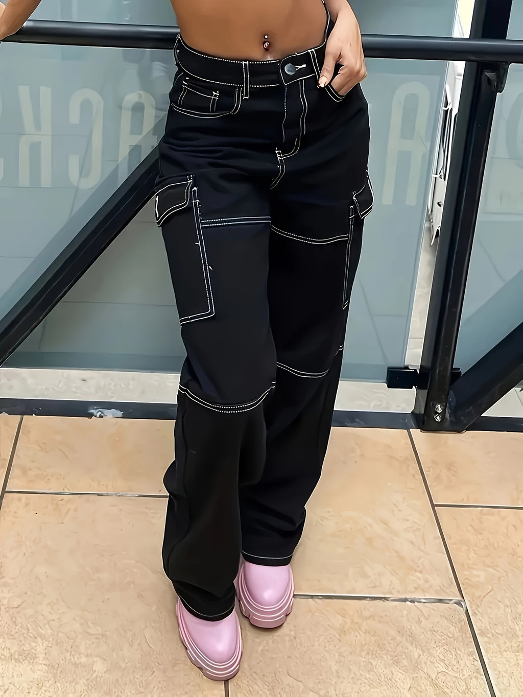 Pouch Patchwork Stretch Denim Long Pants - Black
