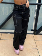 Pouch Patchwork Stretch Denim Long Pants - Black