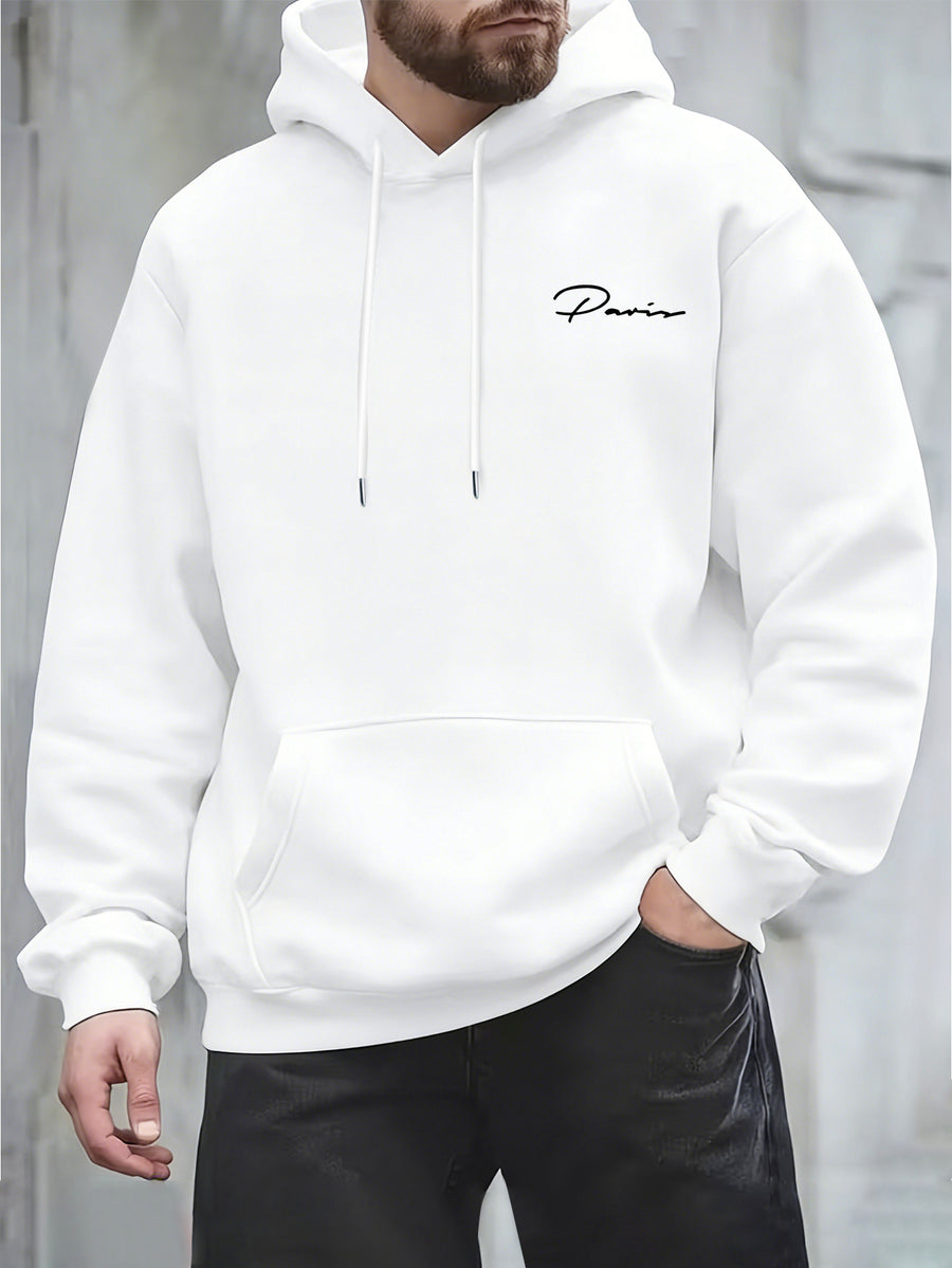 Retro Minimalist Cursive Small Print Men'S Hooded Sweatshirt Kangaroo Pocket Drawstring Hoodie Versatile Trendy Top - White