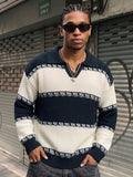Men's Color-Block Polo Collar Sweater - Loose Fit Knit Pullover with Contrast Trim, Warm Winter Sweating Suitable for Daily Commute, Casual Office & -Casual Wear, Hand Washable Fall/Winter Sweater - Navy Color