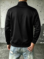 Men's Preppy Style Soft Bomber Jacket, Zipper Closure & Chest Suitable for Casual Wear, Machine Washable Outerwear - Black