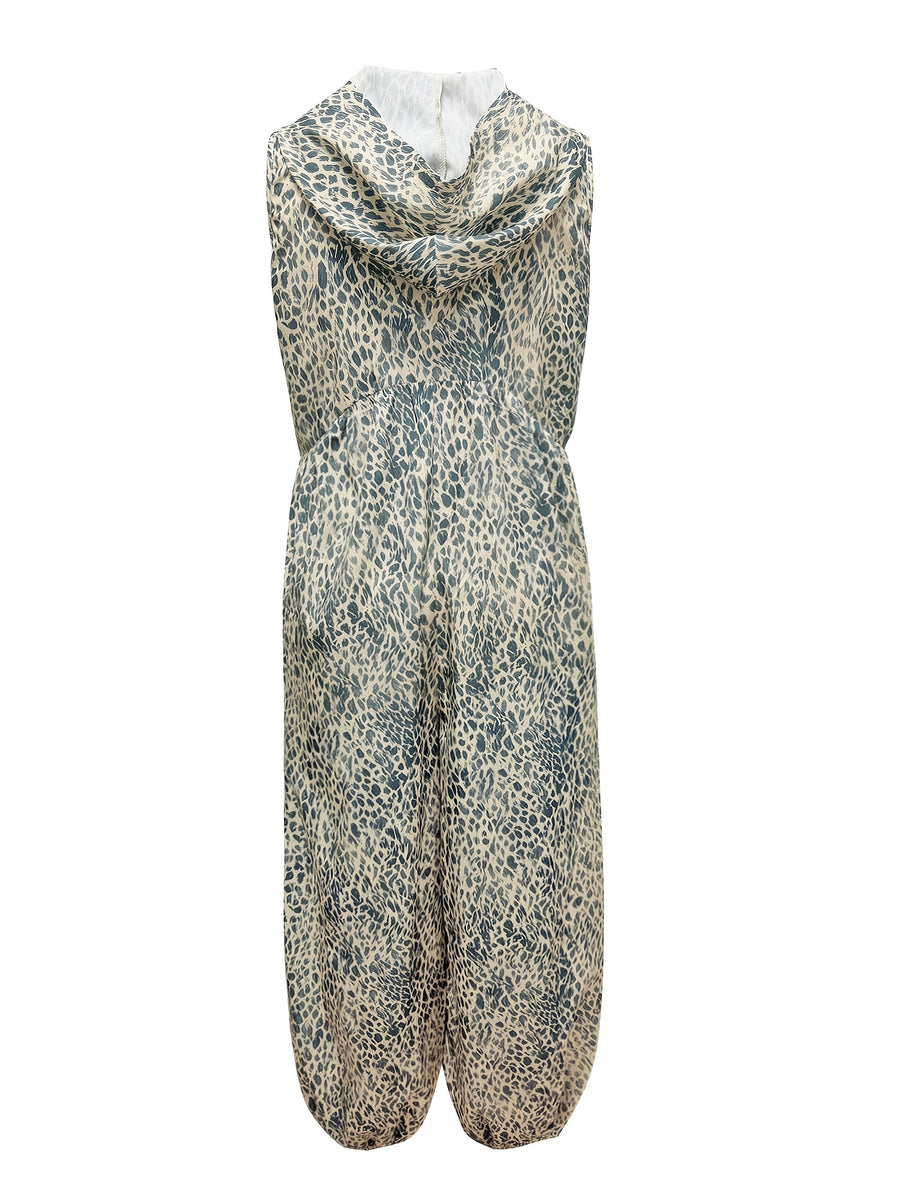 Summer Women'S Fashion Commuter City Leopard Print Printed Jumpsuit, Loose Wide-Leg Trousers, Front Center Zipper Decoration, Women'S Coverall with Hat - Mixed colors