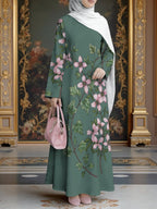 Women'S Hot Middle Eastern Style Muslim Elegant Robe, Deep Green Background with Pink Floral Print Long Dress, Loose Off-Shoulder Long Sleeve, for Daily Prayer And Social Occasions, Flowing Breathable Non-Embroidered Fabric - Mixed colors