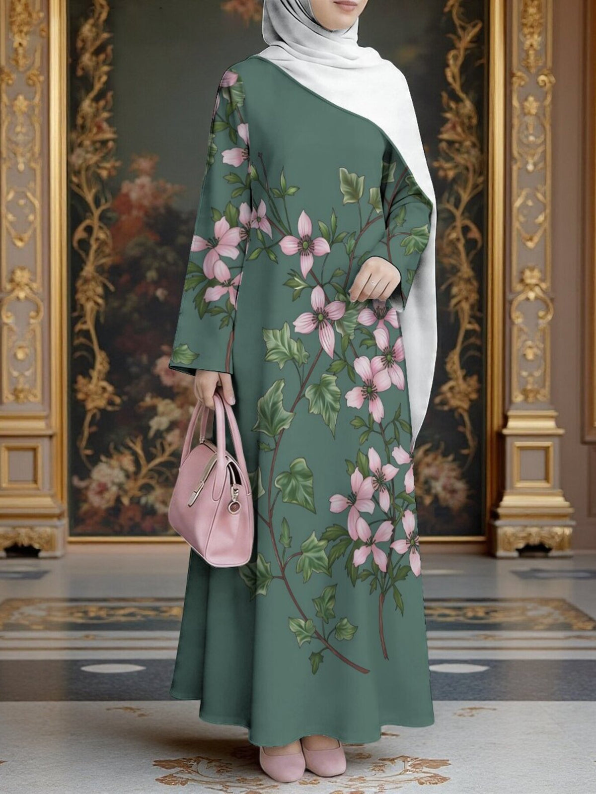 Women'S Hot Middle Eastern Style Muslim Elegant Robe, Deep Green Background with Pink Floral Print Long Dress, Loose Off-Shoulder Long Sleeve, for Daily Prayer And Social Occasions, Flowing Breathable Non-Embroidered Fabric - Mixed colors