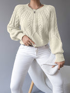 Chunky Lantern Sleeve Sweater, Women'S Crew Neck Textured Pullover Sweater - Apricot