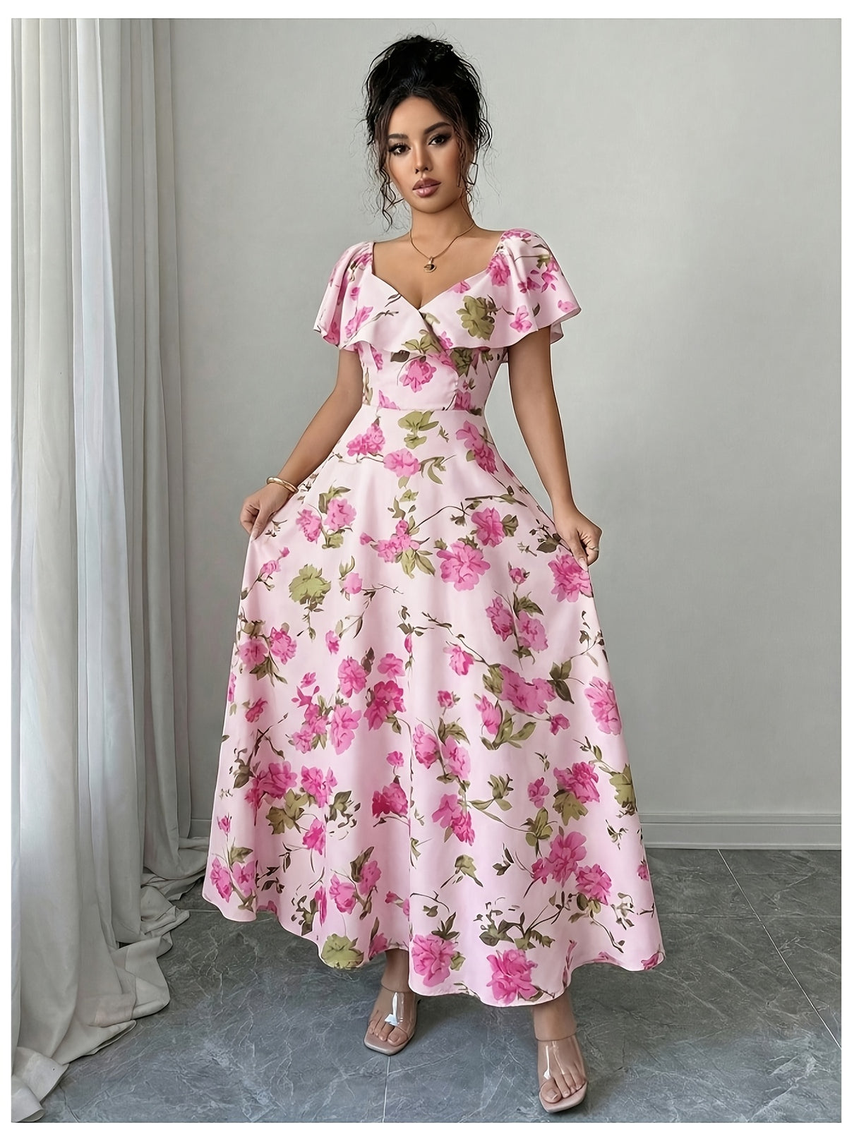 Elegant, Exquisite and Fashionable Floral Print Ruffle Flutter Sleeve A-line Long DressWaist-cinching Figure-flattering Maxi Dress, Women's Bridesmaid DressSuitable for Wedding Guests, Bridesmaids, Vacation, Dating and Party Wear - Pink