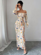 Elegant And Fashionable New Autumn And Winter Floral Flower Print Off-The-Shoulder Long-Sleeved Puff Sleeve Waist And Body-Shaping Hip-Wrapped Slit Holiday Dating Women'S Dress - Multicolor