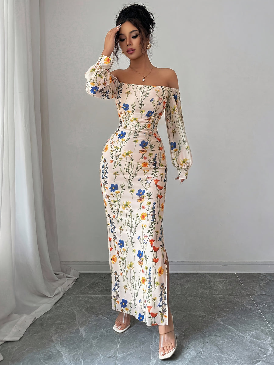 Elegant And Fashionable New Autumn And Winter Floral Flower Print Off-The-Shoulder Long-Sleeved Puff Sleeve Waist And Body-Shaping Hip-Wrapped Slit Holiday Dating Women'S Dress - Multicolor