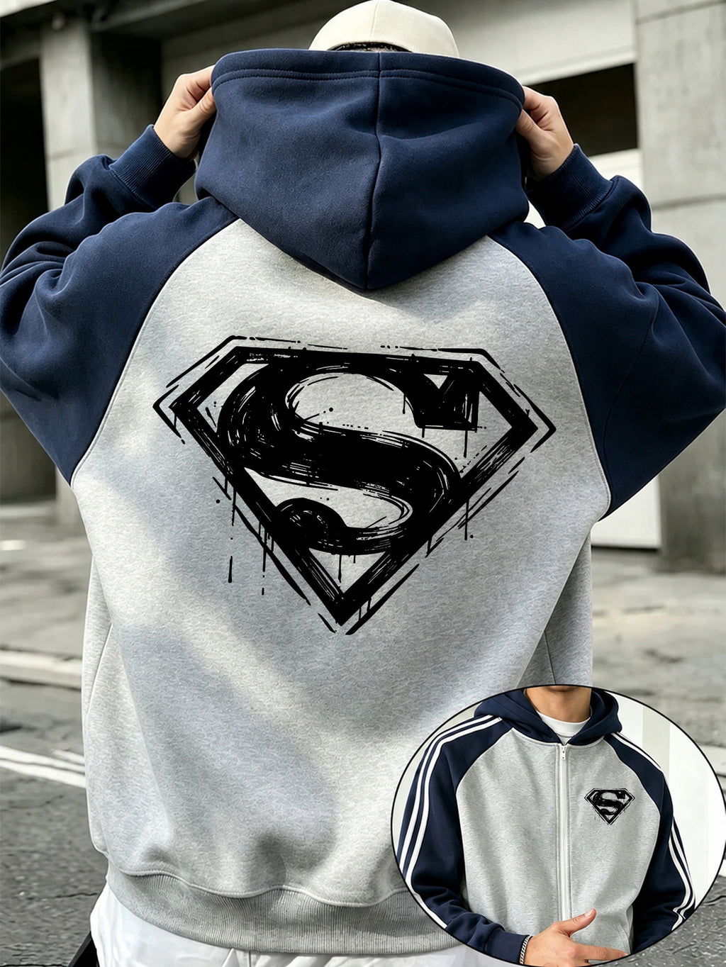 Officially Licensed by Warner Bros., New Men'S Fashion Hoodie with Color-Block Design, Featuring a Sketched Superman 'S' Logo Print; Zipped Hooded Jacket for Autumn And Winter, with a Relaxed Fit And Comfortable Fabric - Grey-blue