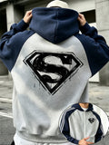 Officially Licensed by Warner Bros., New Men'S Fashion Hoodie with Color-Block Design, Featuring a Sketched Superman 'S' Logo Print; Zipped Hooded Jacket for Autumn And Winter, with a Relaxed Fit And Comfortable Fabric - Grey-blue