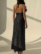 French Water-Soluble Lace Tie-Neck Halter Elegant Backless Slim-Fit Temperament Dress, Niche Design for Daily Wear And Vacation, V-Neck Maxi Dress for Banquets, Fashion Women'S Wear - Black