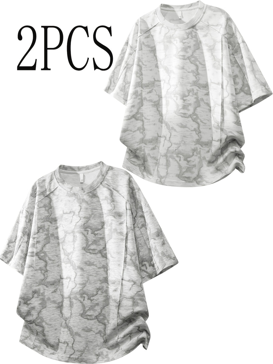 2pcs New Summer Men's Trendy Loose-Fit Streetwear Brand Student Short-Sleeve T-Shirt Top, Round Neck Short Sleeves - Light Gray White Flower Gray