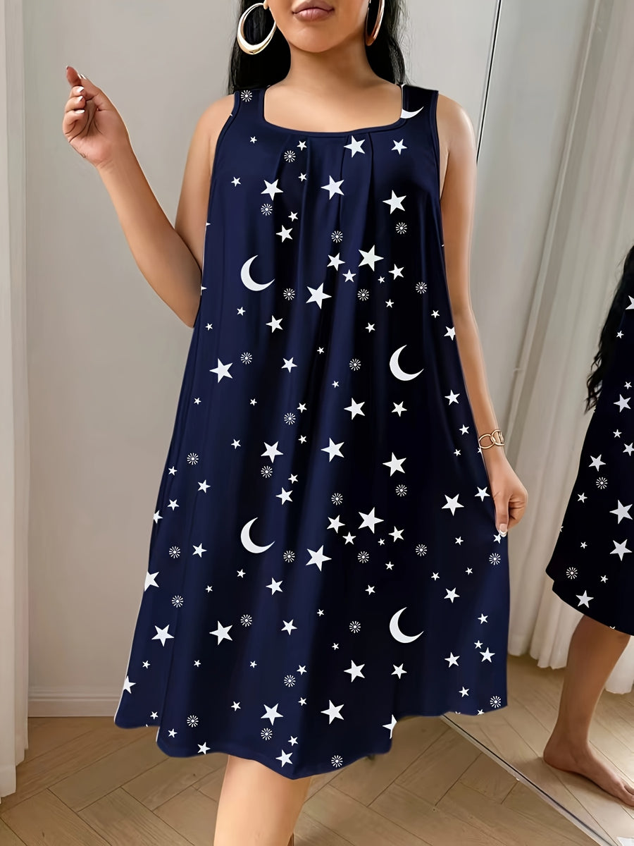 Women'S Plus Size Sleeveless Vest Dress with Star And Moon All-Over Print, Spring Summer Style, Very Comfortable Home Wear - Navy Color