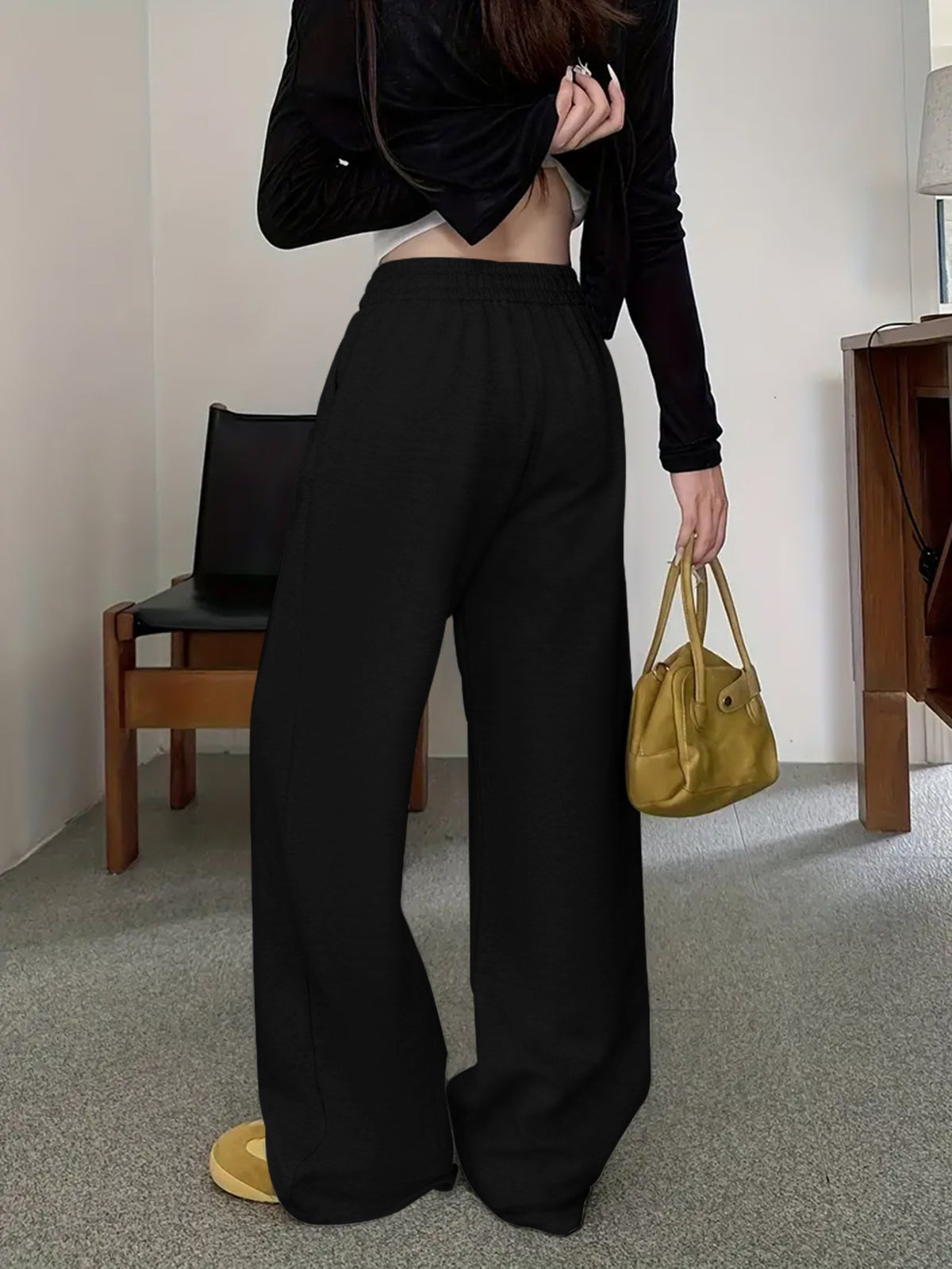 Be Yourself" Purple Butterfly Pattern Print, Casual Sporty Straight-Leg Pants, Women's Elastic Waist Drawstring Wide-Leg Long Pants, All-Season Women's Trousers - Black