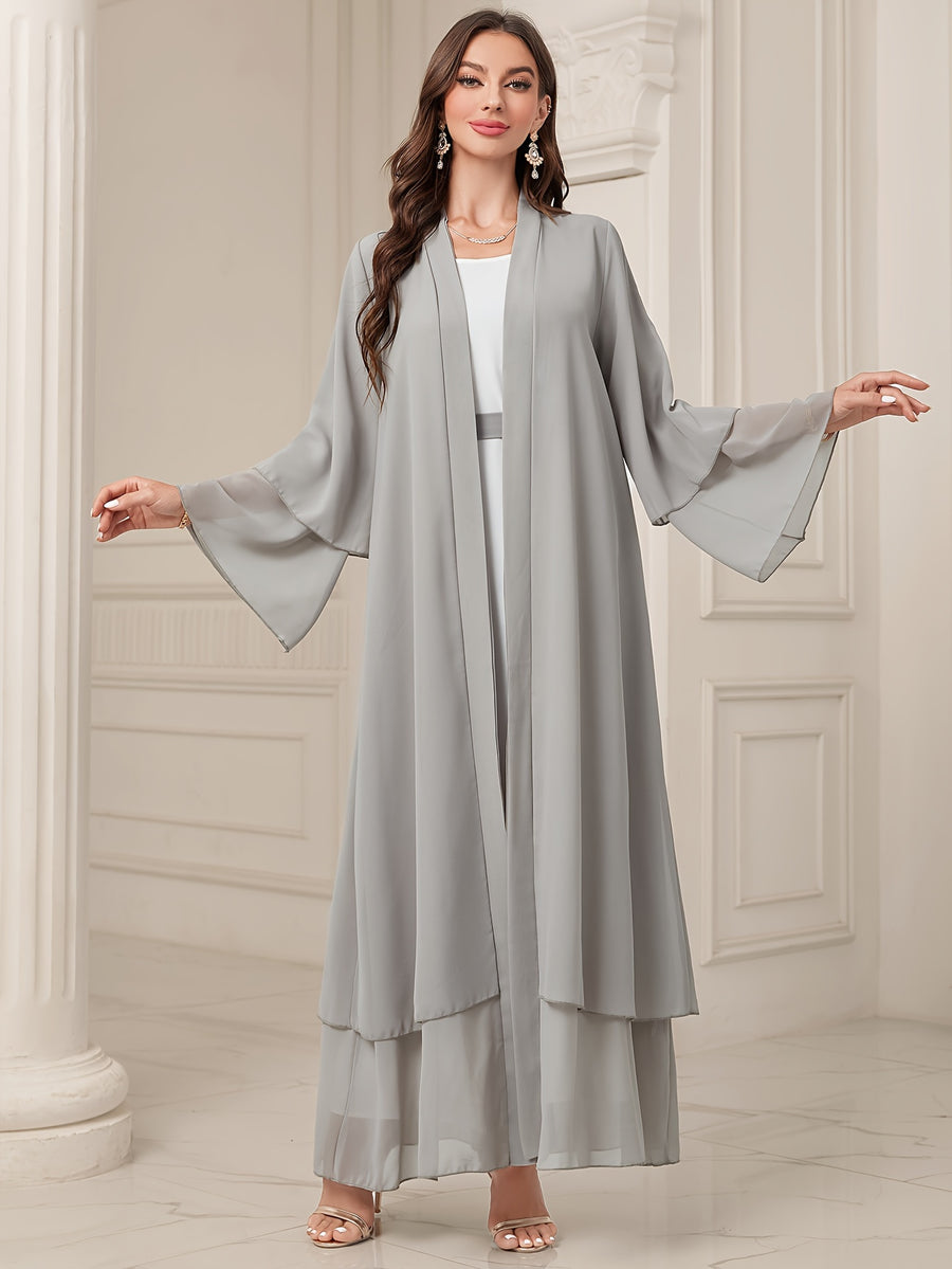 Ramadan Islamic Modest Dress Without Hijab, Long Sleeve Open Front Casual Modest Muslim Dress, Women's Clothing - Grey