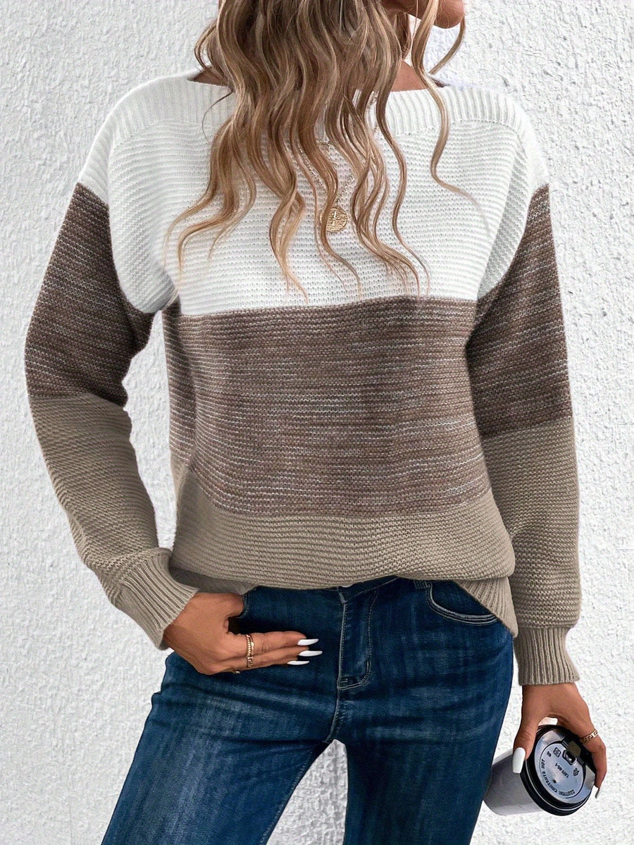 Newly Popular Color-Blocked Drop-Shoulder Sweater - 【Brown】