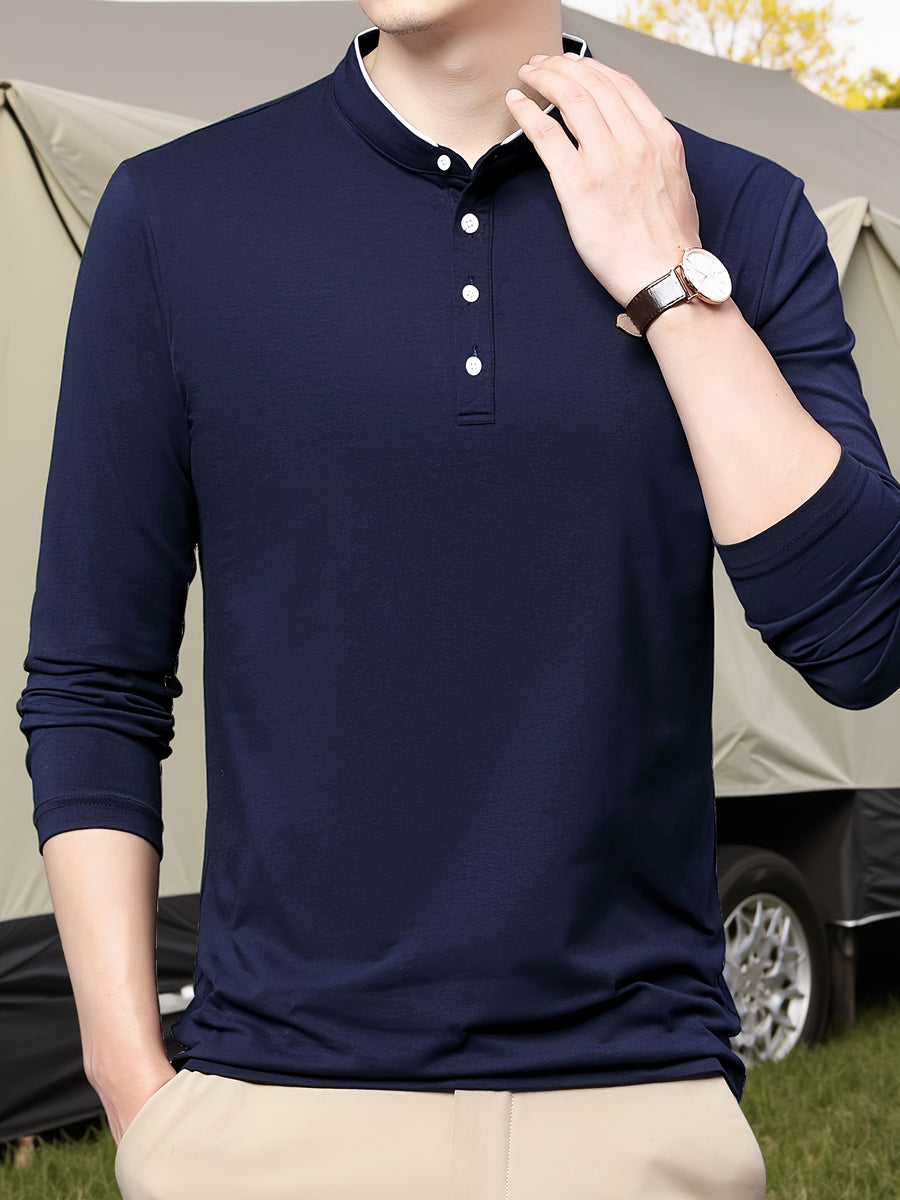 New Spring/Autumn Men's Stand Collar Long Sleeve T-Shirt, Casual Business, Dad's Outfit, Pure Top, Holiday Gift - Navy Color