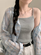 2026 Spring Summer Blue White Checkered Shirt Women'S Vintage Lapel Loose Thin Sheer Long Sleeve Open Cardigan Lazy Style Breathable Versatile Commute Travel Layering Casual Plaid Shirt Jacket - Mixed colors