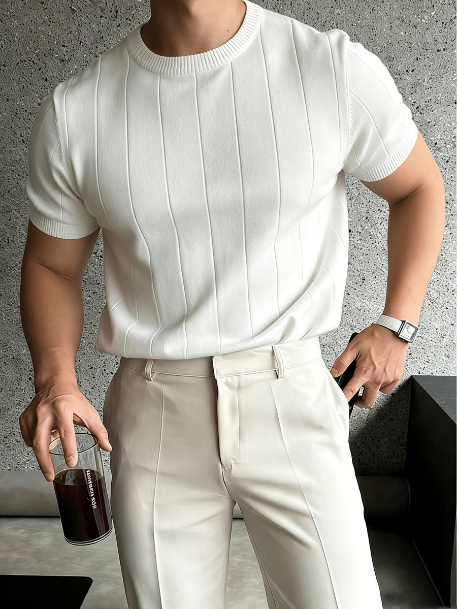 Men'S Color-Block Short-Sleeve Knit Pullover, Regular Round Neck Top, Business Casual Summer New - Milky