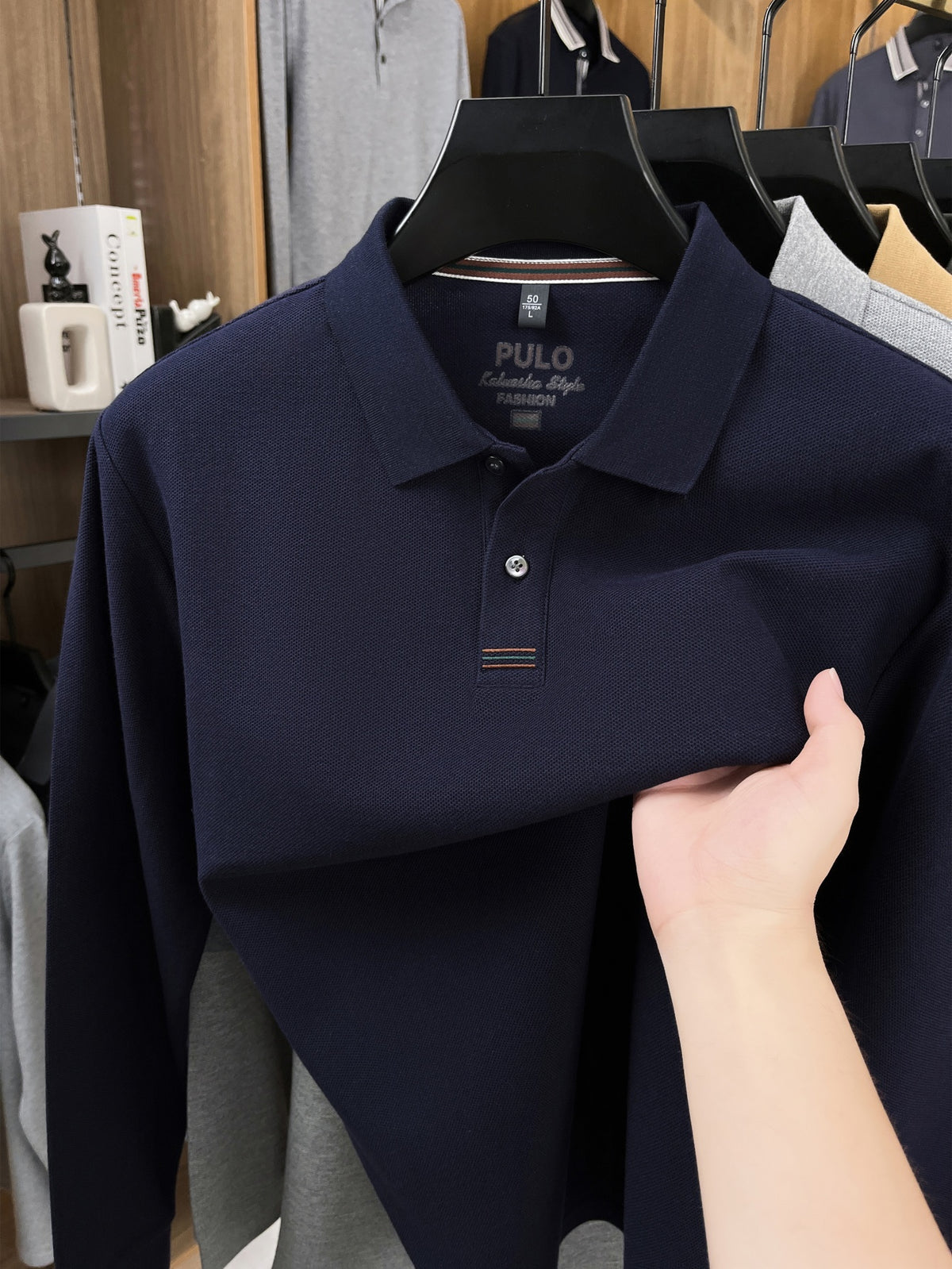 Men's Golf, Casual, Fishing, Tennis, Sports Solid Color Top, Spring/Autumn Apparel for Middle-aged and Young Men, Soft and Skin-friendly Piqué Pure Fabric, Long-Sleeve Polo Shirt, Men's Long-Sleeve T-Shirt, New Spring/Autumn Casual Turn- Collar Solid - Black